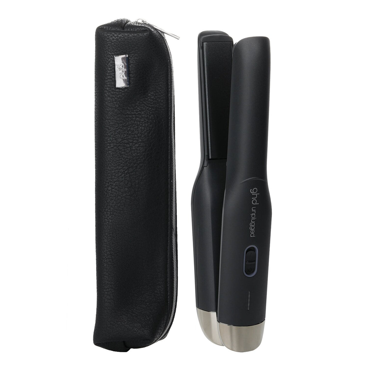 Portable GHD cordless hair styler in sleek black, featuring ceramic plates for snag-free, shiny styling on the go.