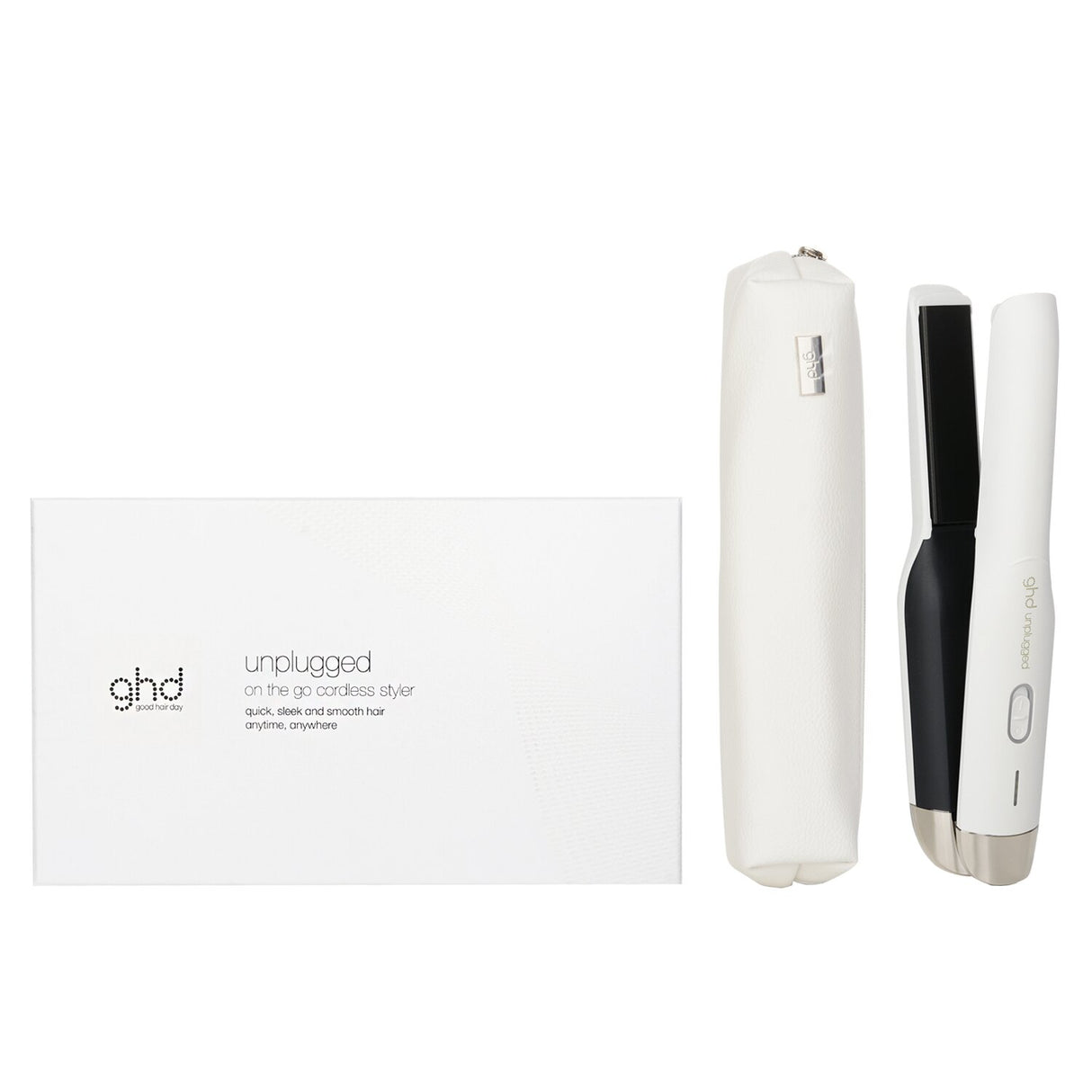 GHD Unplugged cordless hair styler in white, designed for travel with dual-zone technology and ceramic-coated plates.