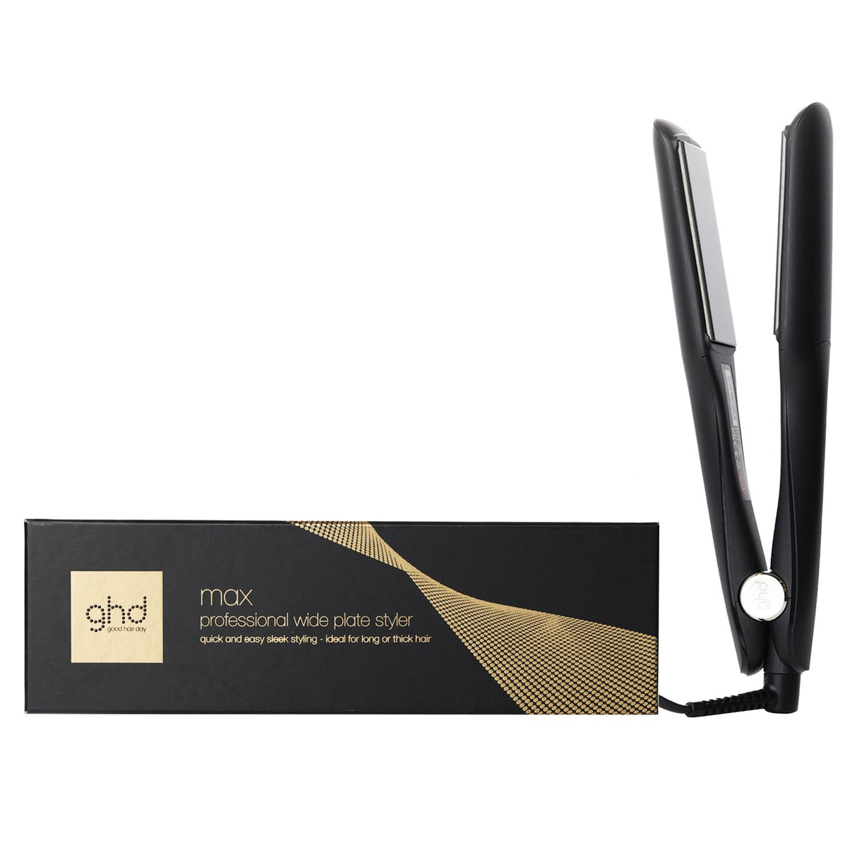 GHD Max Wide Plate Styler in black, featuring 1.65-inch plates for quick, sleek styling of thick, long, or curly hair.