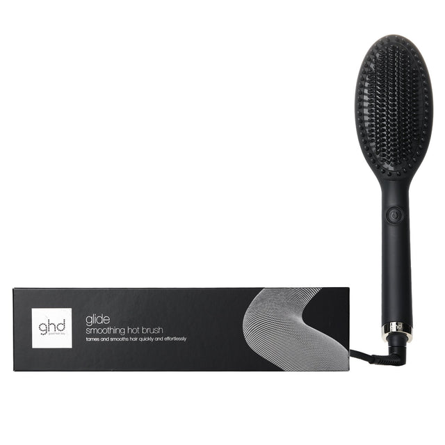 GHD Glide Smoothing Hot Brush in black for salon-smooth hair; features ceramic and ioniser technology for quick, frizz-free styling.