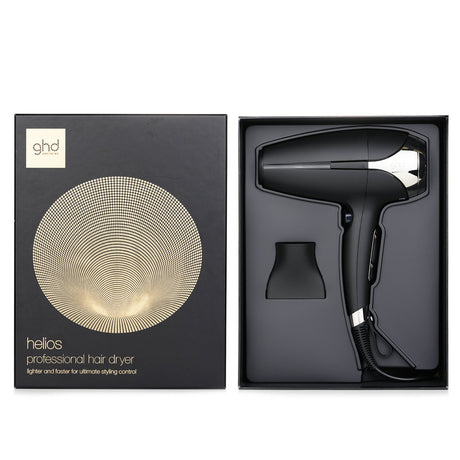 GHD Helios Professional Hair Dryer in black, featuring high-velocity airflow, ionic technology, and ergonomic design for salon-quality results.