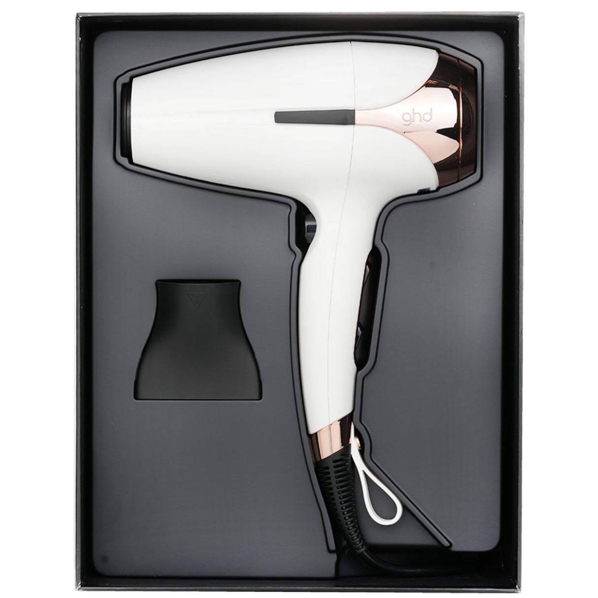 GHD Helios Professional Hair Dryer in white, featuring fast airflow, ionic technology, and ergonomic design for salon-quality results.