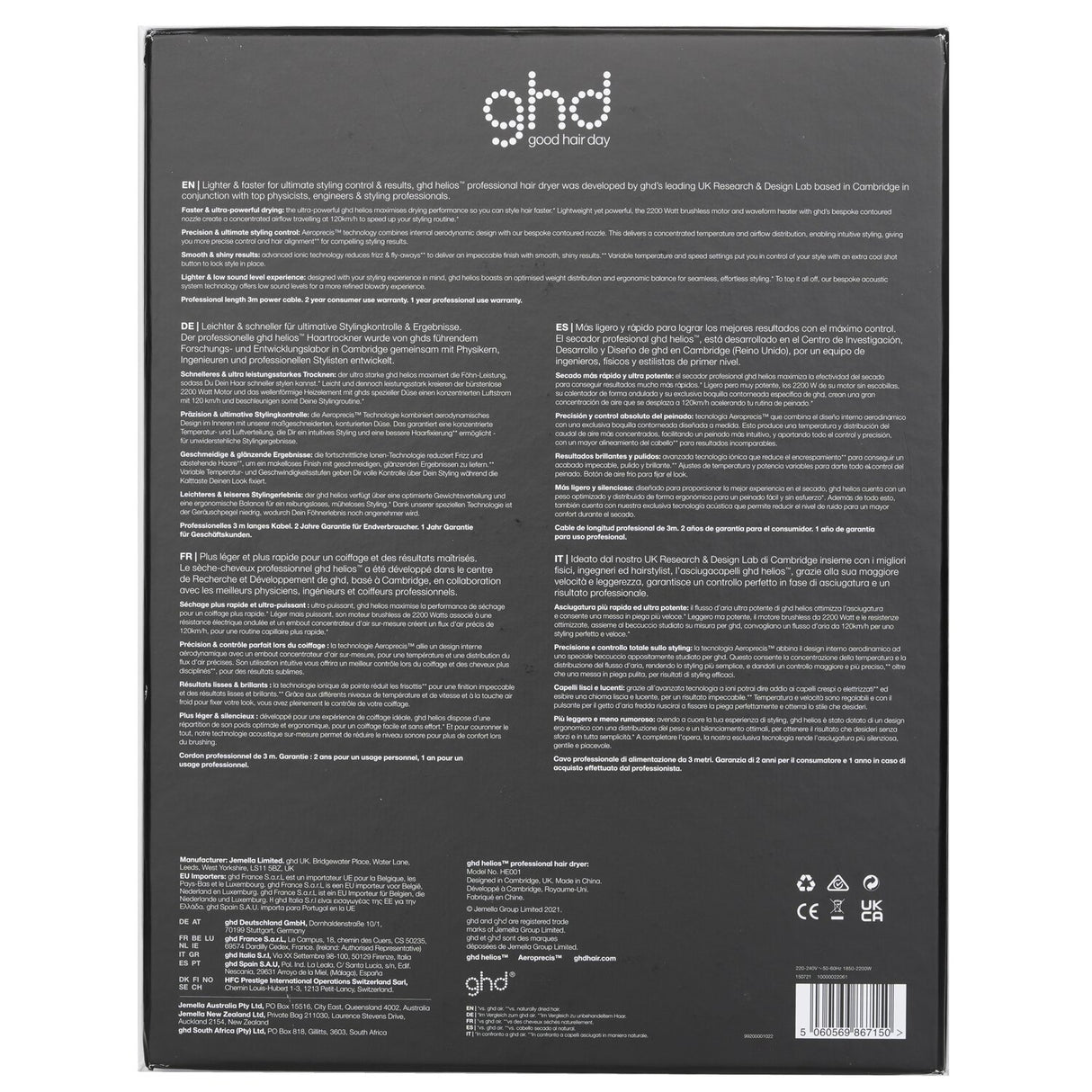 GHD Helios Professional Hair Dryer in white, featuring Aeroprecis technology, lightweight design, and enhanced ionic performance for shiny hair.