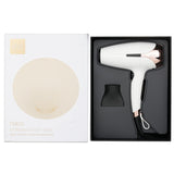 GHD Helios Professional Hair Dryer in white, featuring Aeroprecis tech for fast drying, reduced frizz, and ergonomic design for comfort.