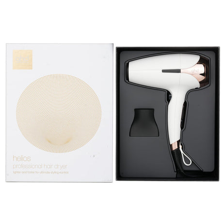 GHD Helios Professional Hair Dryer in white, featuring Aeroprecis tech for fast drying, reduced frizz, and ergonomic design for comfort.