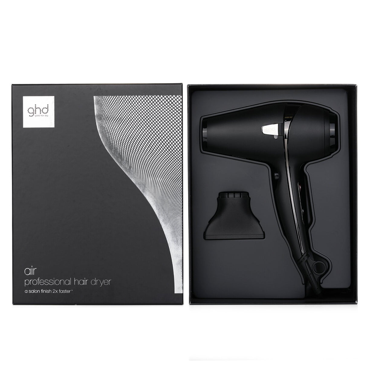 GHD Air Professional Hair Dryer in black, featuring 2100W power, ionic tech for frizz control, and ergonomic design for all users.