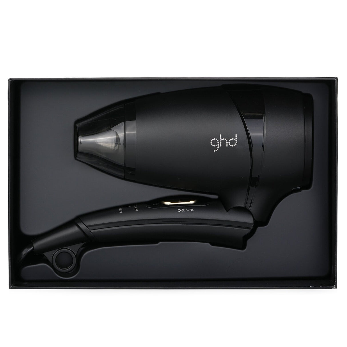 Compact black travel hair dryer with powerful DC motor for fast drying, foldable design, and dual voltage for worldwide use.