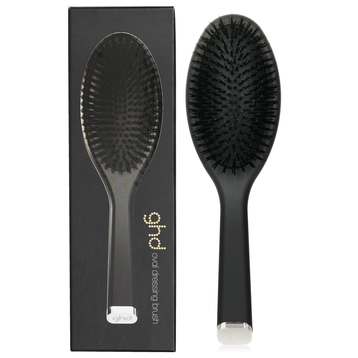 GHD Oval Dressing Brush in black, featuring anti-static nylon bristles for detangling and adding shine to mid to long hair.