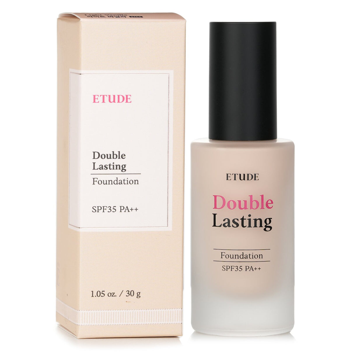 Etude House Double Lasting Foundation SPF 35 in #17C1 Light Vanilla provides flawless, weightless coverage with UV protection.