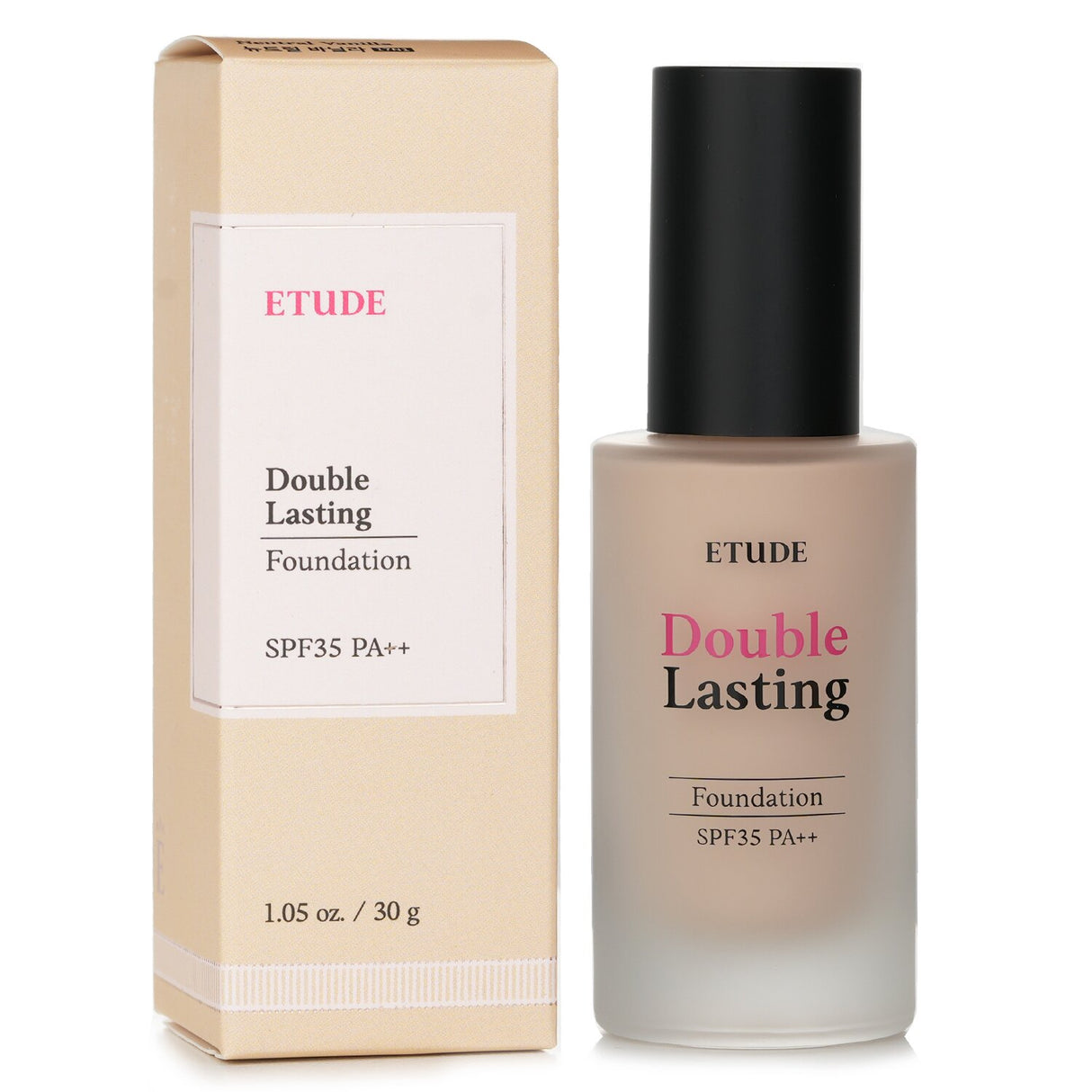 Etude House Double Lasting Foundation SPF 35 in Neutral Vanilla, offering weightless, high-coverage, and 24-hour wear for flawless skin.