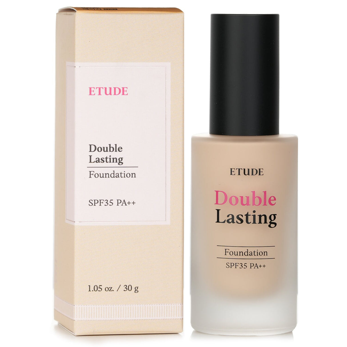 Etude House Double Lasting Foundation SPF 35 in #21W1 Beige, offering high coverage and weightless finish for flawless skin.