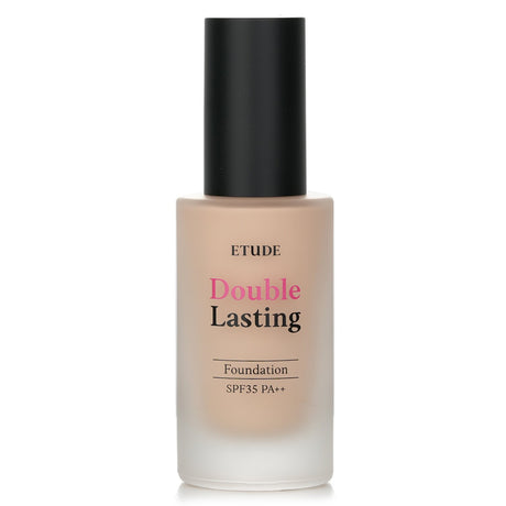 Lightweight Etude House Double Lasting Foundation SPF 35 in #27N1 Amber, offers high coverage, matte finish, and UV protection.