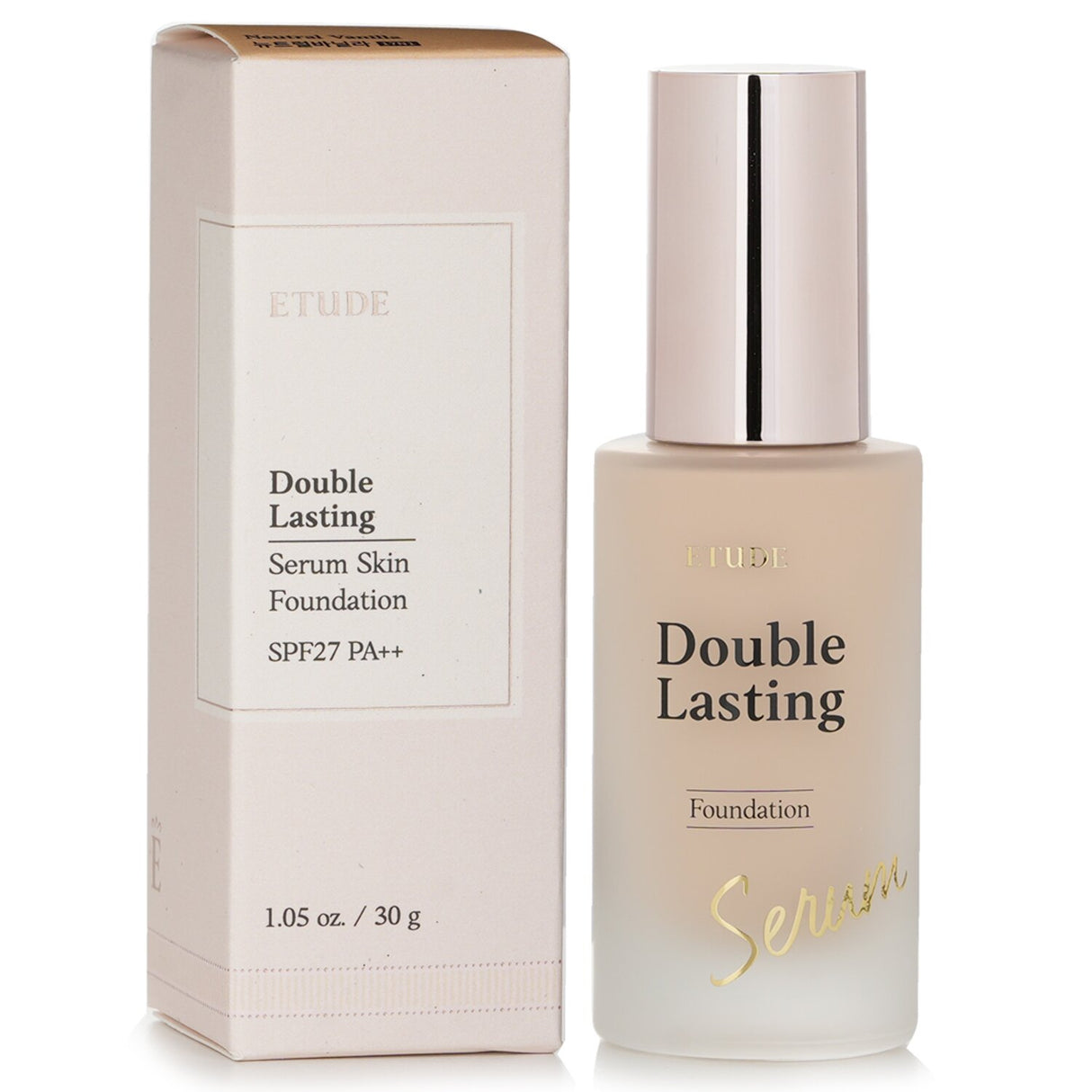 Etude House Double Lasting Serum Foundation SPF 27, 30g, Neutral Vanilla - lightweight, hydrating formula for glowing skin.