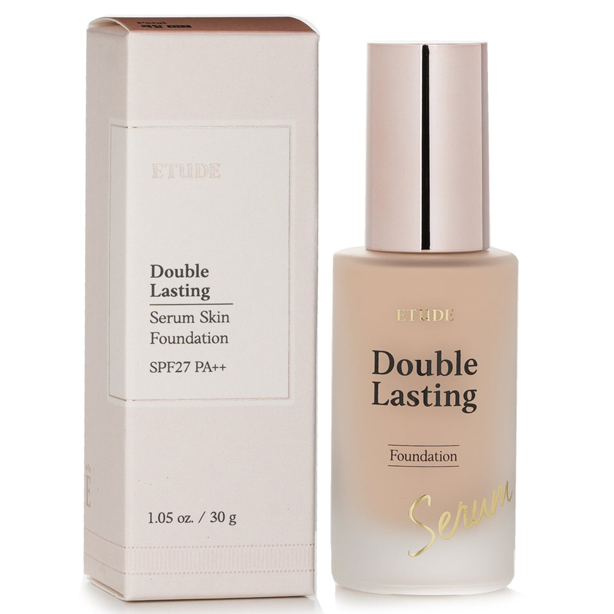 Etude House Double Lasting Serum Foundation #21C1 Petal offers lightweight hydration and radiant coverage with SPF 27.