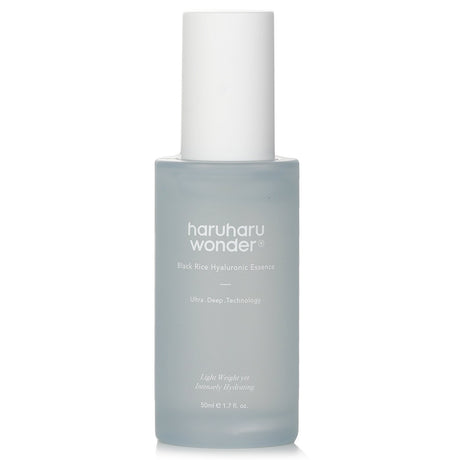 Haruharu Wonder Black Rice Hyaluronic Essence in a 50ml bottle, promoting deep hydration and a youthful glow for all skin types.
