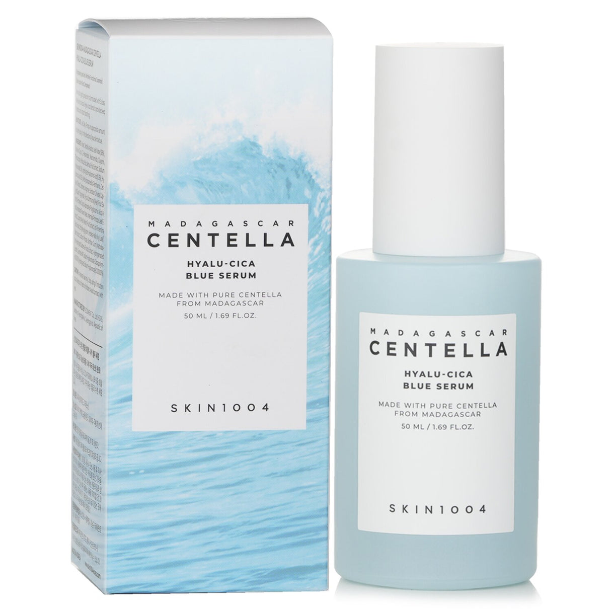 Skin1004 Madagascar Centella Hyalu-Cica Blue Serum in a 50ml bottle, designed to hydrate, soothe, and brighten all skin types.
