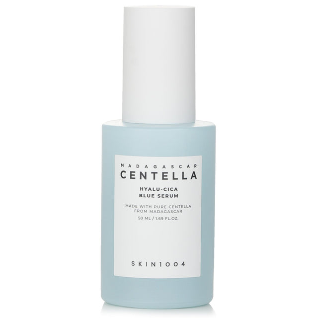 Skin1004 Madagascar Centella Hyalu-Cica Blue Serum in a 50ml bottle, designed to hydrate, soothe, and brighten all skin types.