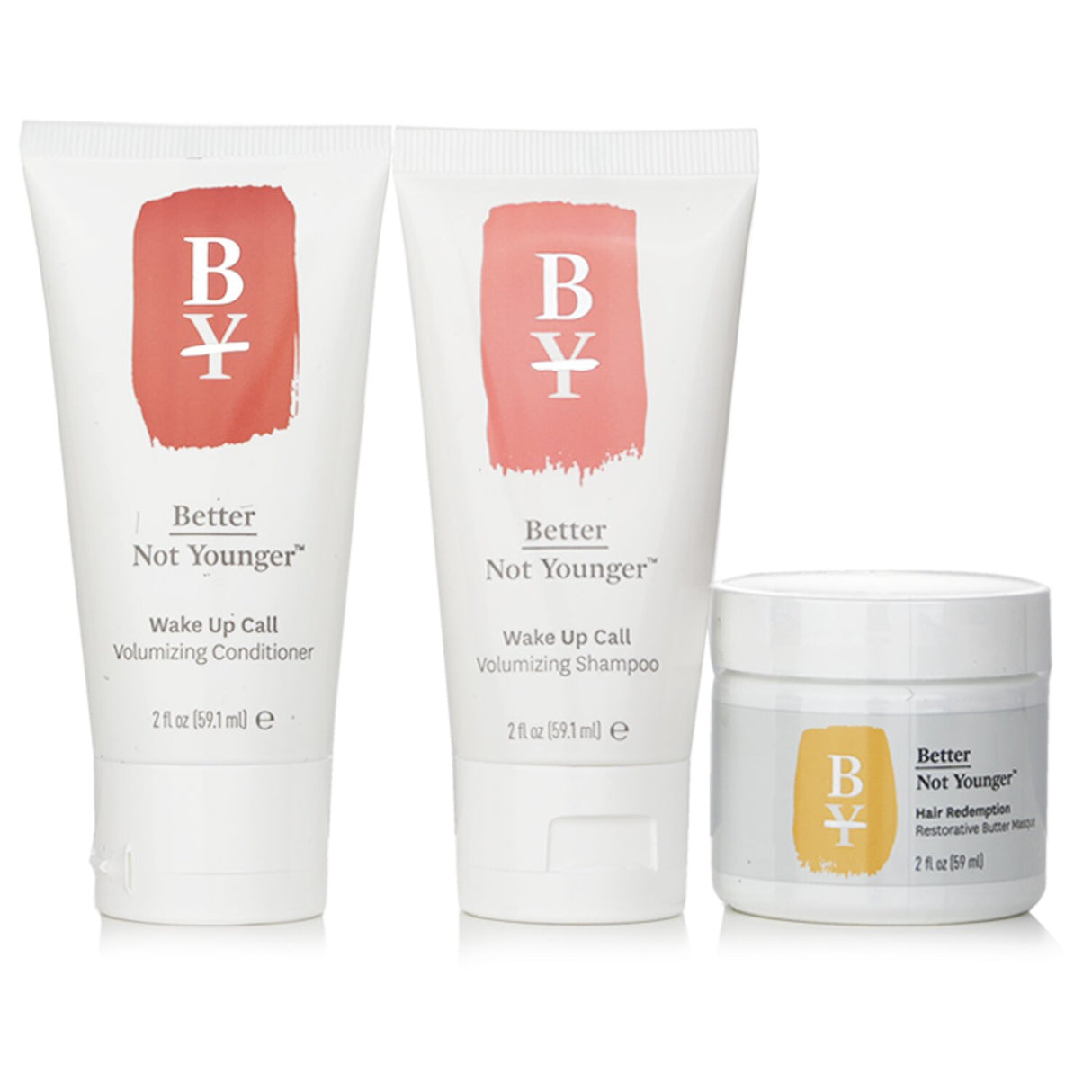 "Better Not Younger Volume + Strength Minis Discovery Kit includes volumizing shampoo, conditioner, and restorative masque."