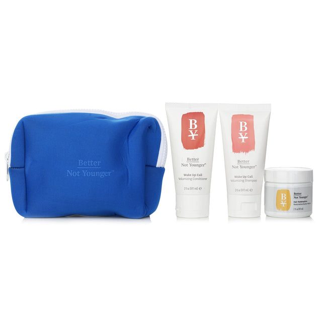 Travel-friendly Volume + Strength Minis Discovery Kit featuring volumizing shampoo, conditioner, and restorative hair masque.