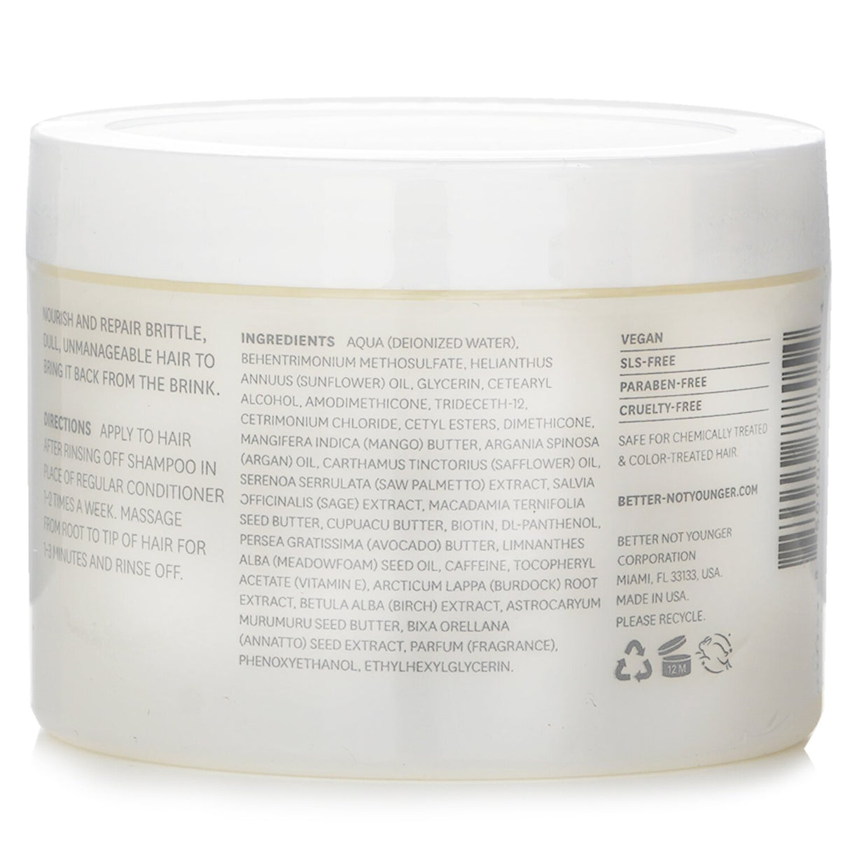 Restorative butter masque for dry hair, infused with plant-based butters for hydration, shine, and frizz control.