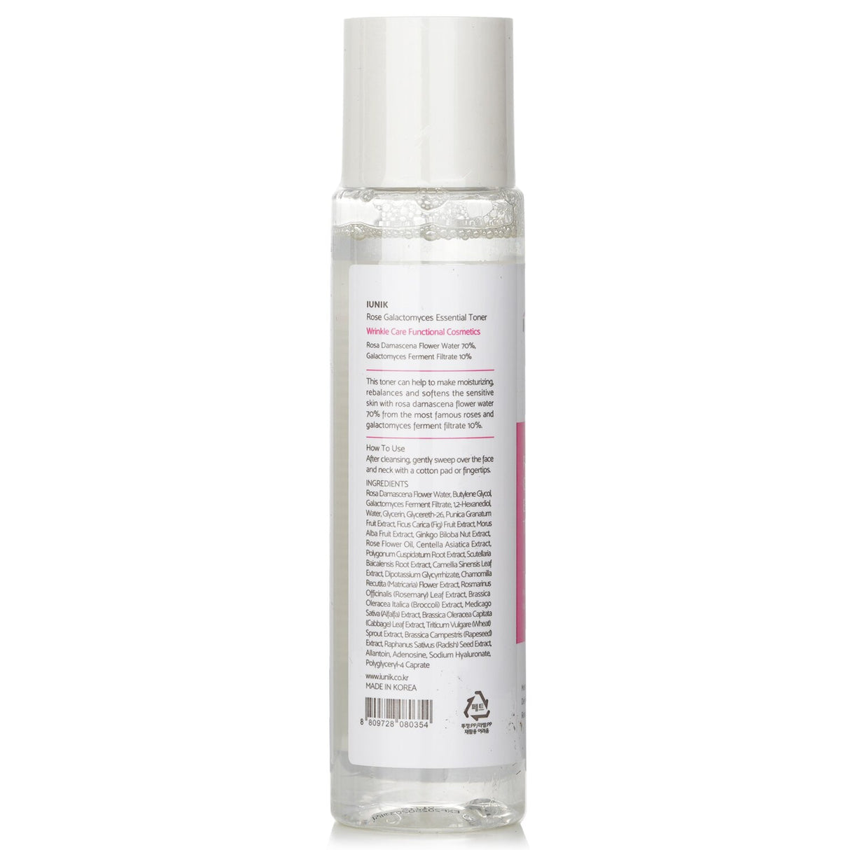 iUNIK Rose Galactomyces Essential Toner - 200ml, hydrating toner with 70% rose water and 10% galactomyces for glowing skin.