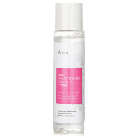 iUNIK Rose Galactomyces Essential Toner, 200ml, features 70% rose water & 10% galactomyces for hydration and radiance.