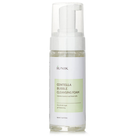Gentle iUNIK Centella Bubble Cleansing Foam with micro-bubbles and 69% Centella extract for soothing and revitalizing all skin types.