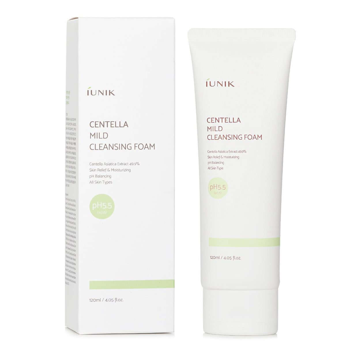 Gentle pH 5.5 cleansing foam with Centella, salicylic acid, and nutrient-rich extracts for sensitive skin care.