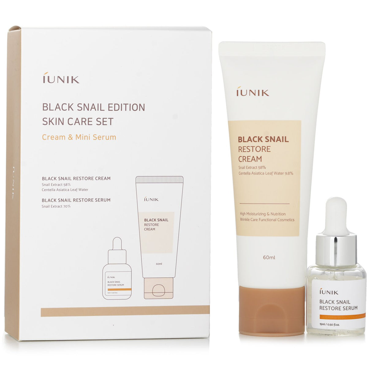 iUNIK Black Snail Skin Care Set with Restore Cream and Serum to rejuvenate and hydrate dry or aging skin.