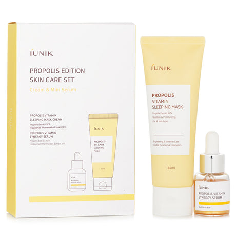 iUNIK Propolis Edition Skin Care Set features a rejuvenating sleeping mask and serum for glowing, hydrated skin.