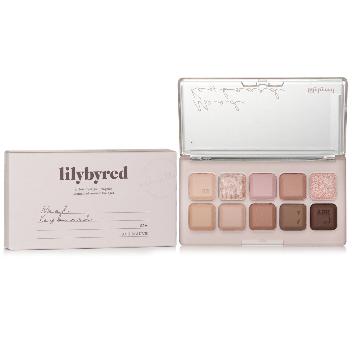 Lilybyred Mood Keyboard in #02 Ash Mauve featuring 10 versatile jelly-textured shades for vibrant, clear application.