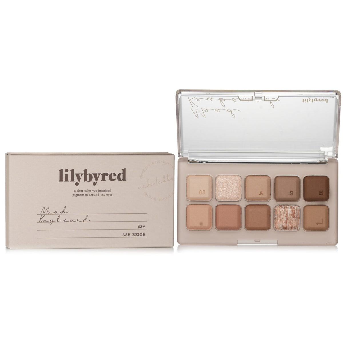 Lilybyred Mood Keyboard #03 Ash Beige: a 10.5g palette with 10 versatile jelly texture shades for effortless, artistic makeup looks.