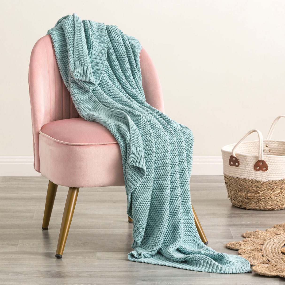 Moss Seed Stitch 100% Cotton Knitted Throw 130 x 170cms French Blue