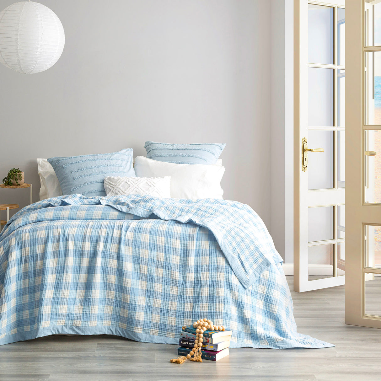 Gingham Washed Cotton Revesible Textured Blanket Single/Double French Blue