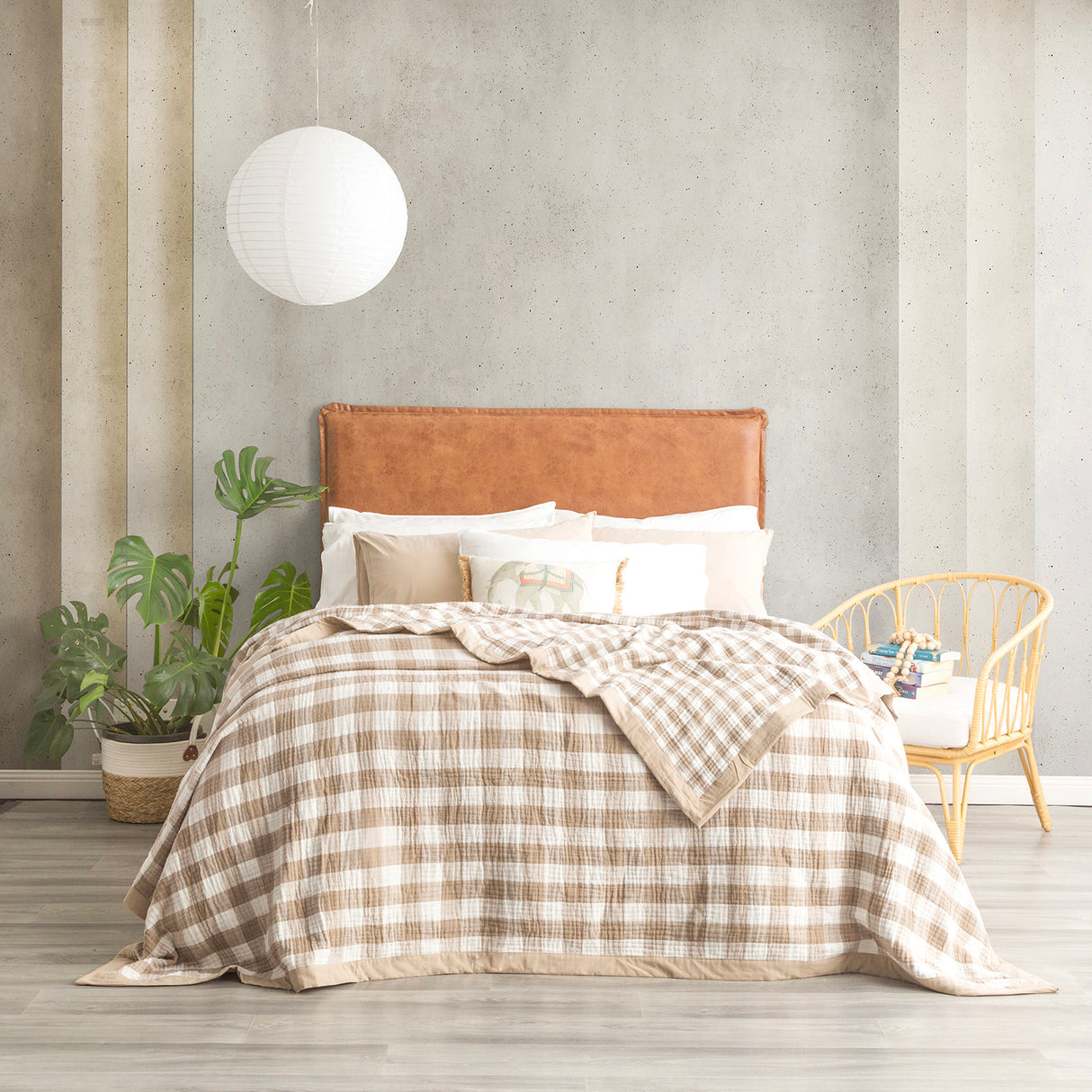 Gingham Washed Cotton Yarn Dyed Revesible Textured Blanket Queen/King Tan