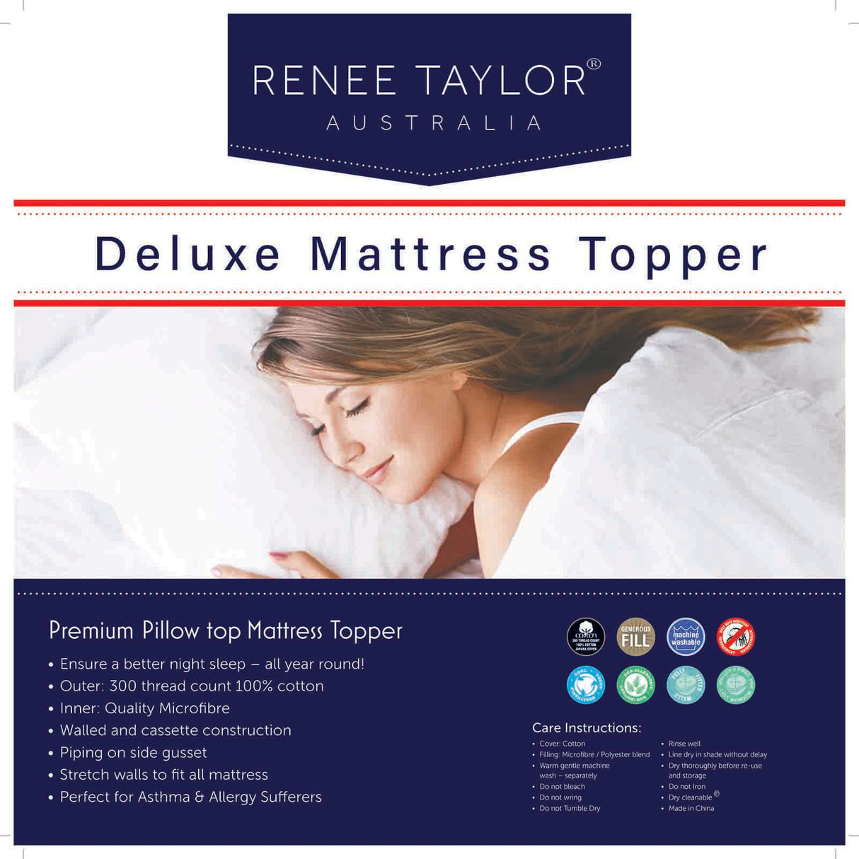 Renee Taylor Deluxe 1000 GSM High Loft Fully Fitted Mattress Topper Single