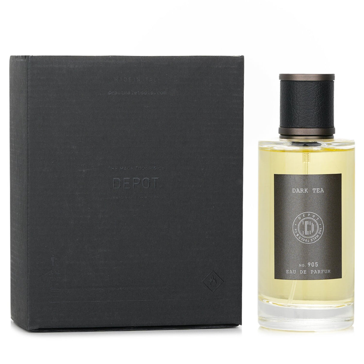 Elegant 100ml bottle of Depot - No. 905 Dark Tea Eau De Parfum, featuring rich tea notes for a warm, unisex fragrance.