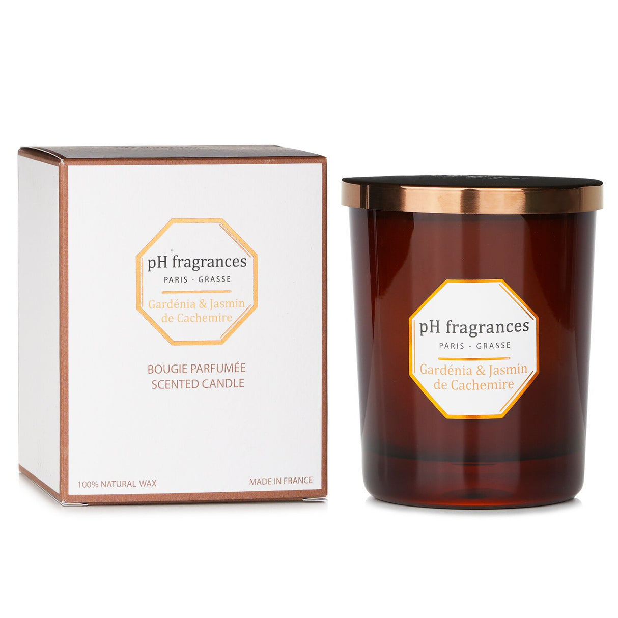 Elegant scented candle in Gardenia & Jasmine of Cashmere, 180g, creating a serene and sophisticated ambiance.