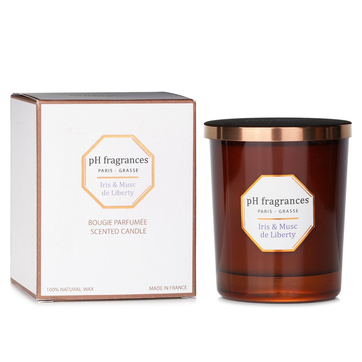 Luxurious scented candle featuring iris and musc notes, perfect for relaxation and enhancing home ambiance.
