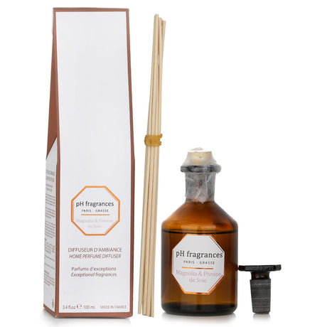 Home perfume diffuser featuring blooming magnolia and peony scents in a 100ml bottle for a soothing ambiance.