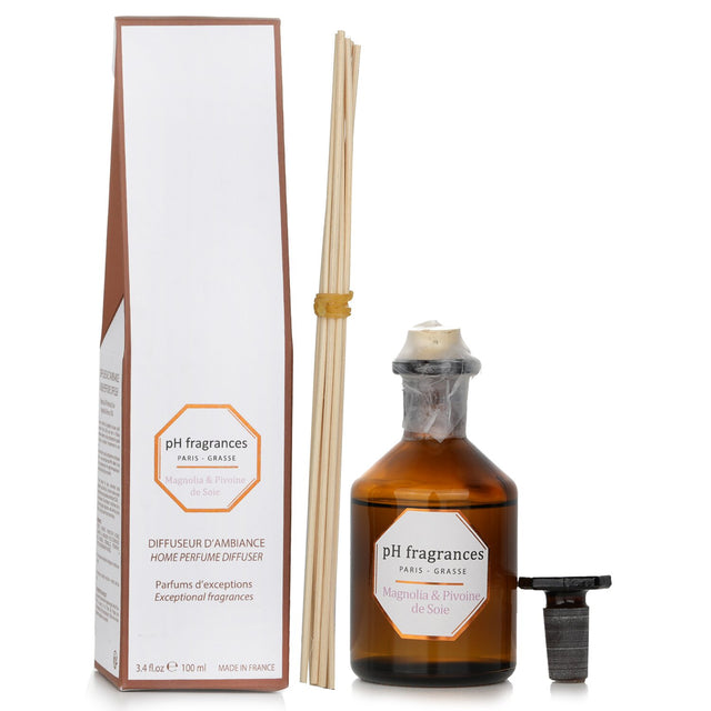 Home perfume diffuser featuring blooming magnolia and peony scents in a 100ml bottle for a soothing ambiance.