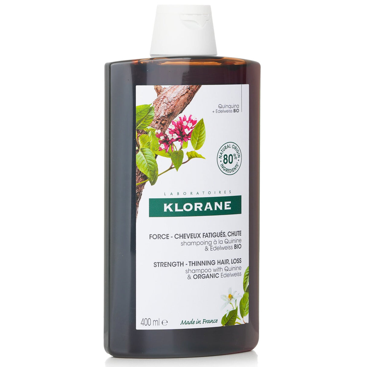 Klorane Shampoo with Quinine & Organic Edelweiss revitalizes thinning hair, promoting strength and volume with 80% natural ingredients.