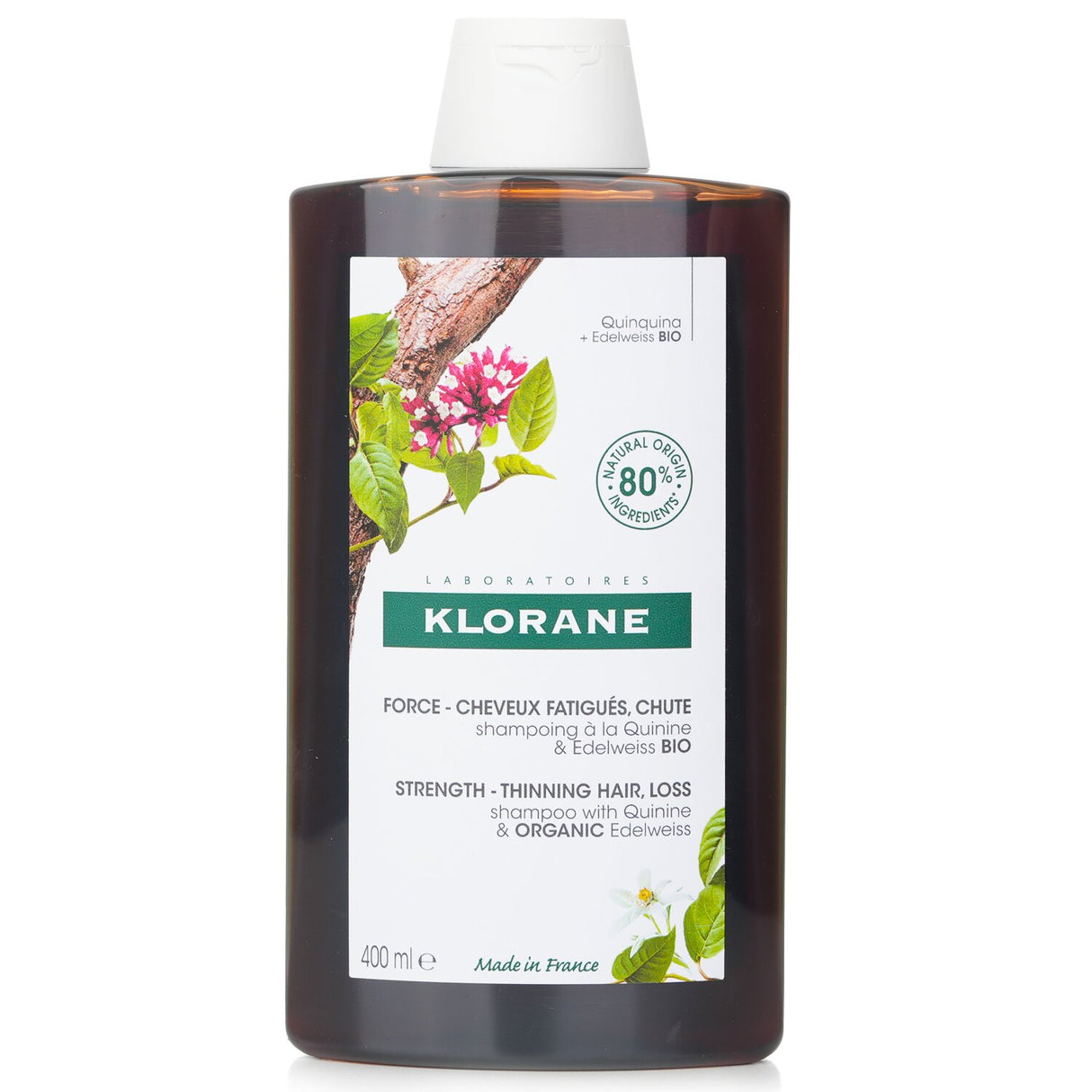 Klorane Shampoo with Quinine & Organic Edelweiss revitalizes thinning hair for strength and volume, featuring 80% natural ingredients.