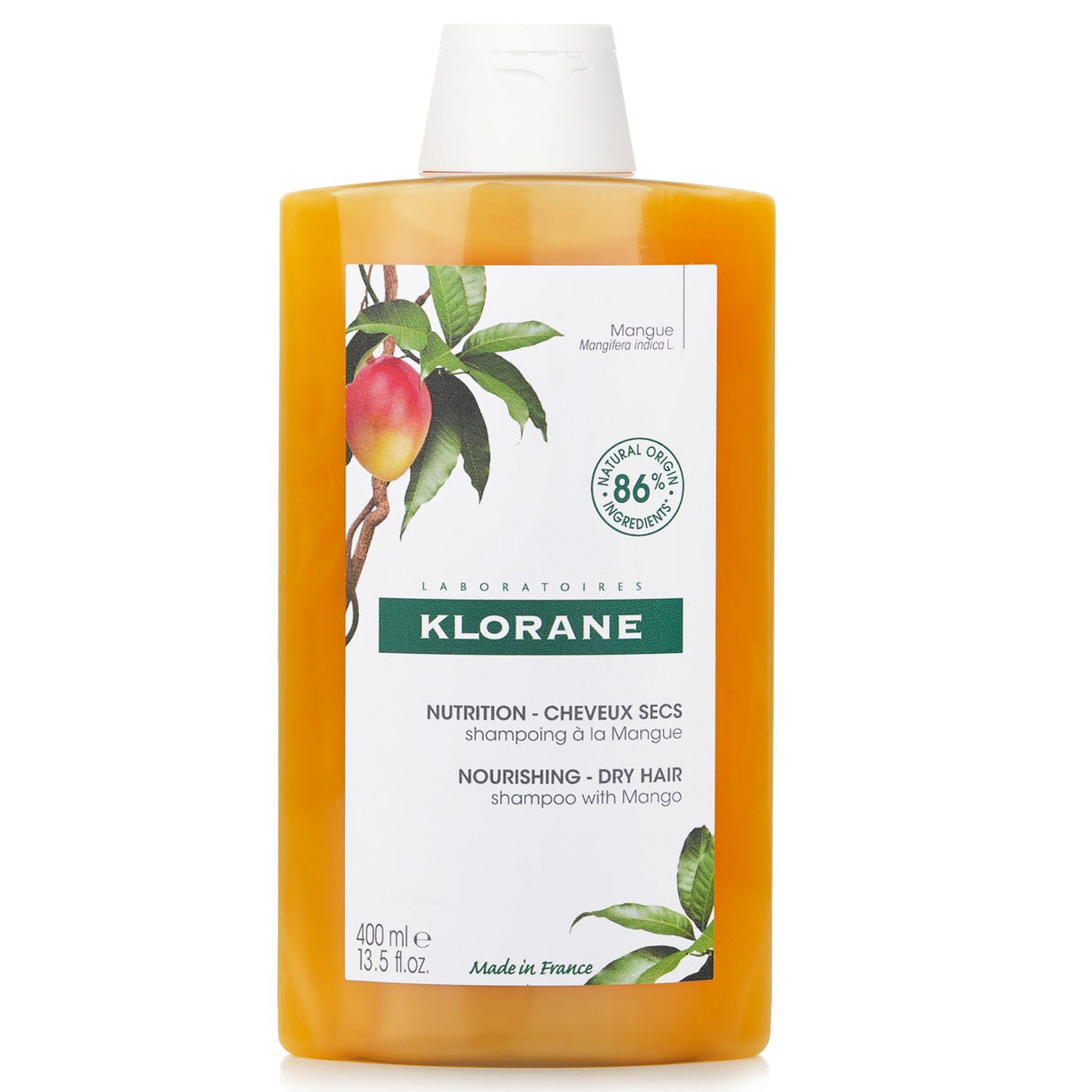 Klorane Shampoo with Mango for nourishing dry hair, featuring natural ingredients for hydration and softness.