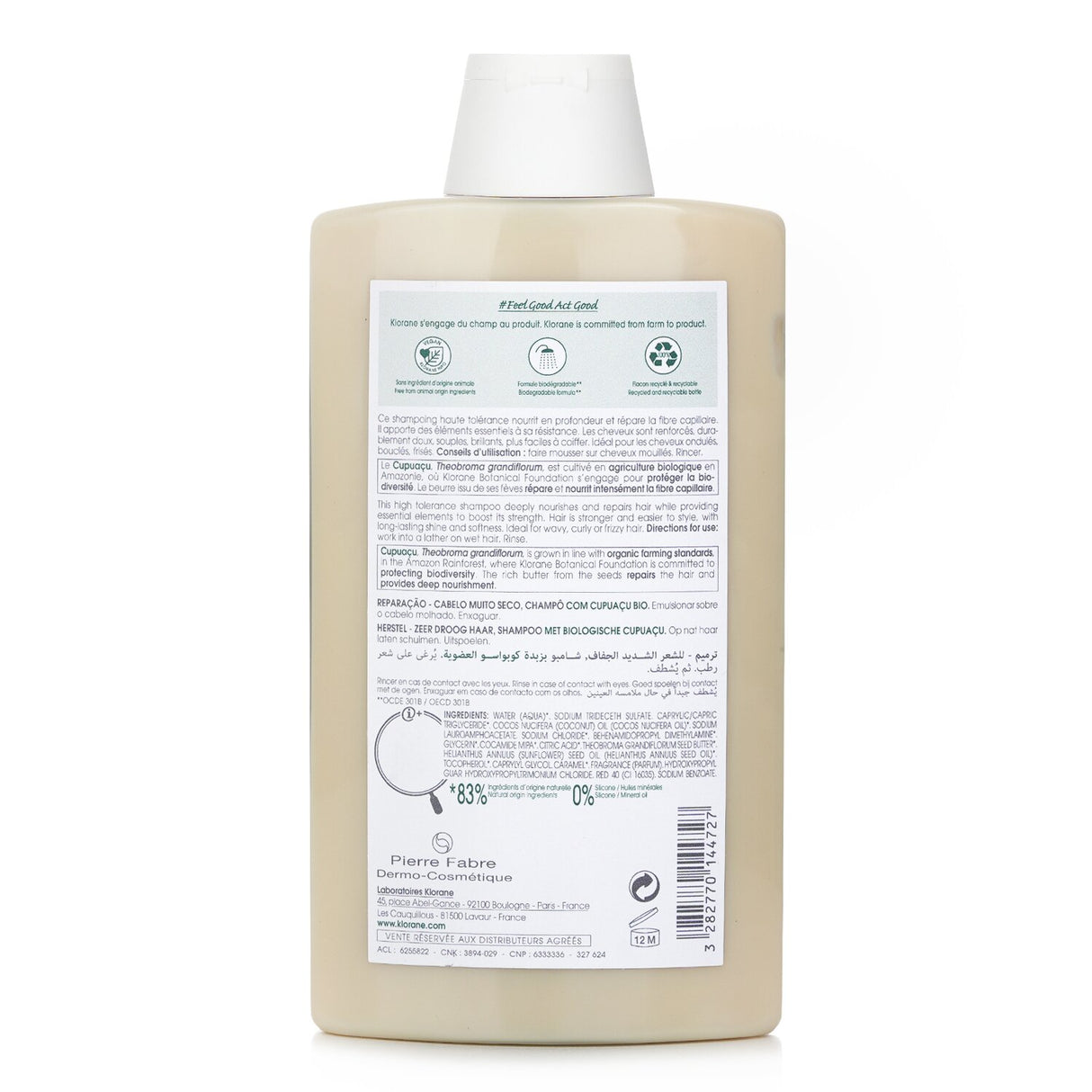 Klorane Shampoo with Organic Cupuacu, 400ml, revitalizes very dry hair with nourishing hydration and gentle cleansing benefits.