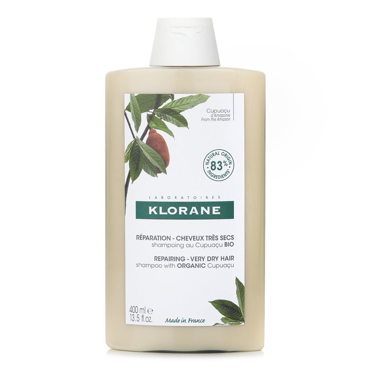 Klorane Shampoo with Organic Cupuacu for very dry hair, 400ml, nourishes and repairs, enriched with natural ingredients.