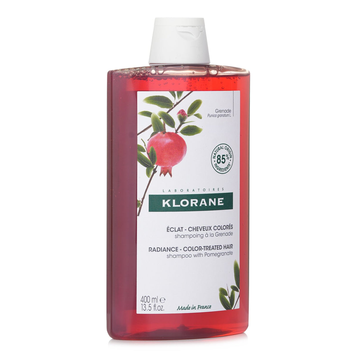 Klorane pomegranate shampoo for color-treated hair, 400ml, enriched with natural ingredients for vibrant shine and protection.