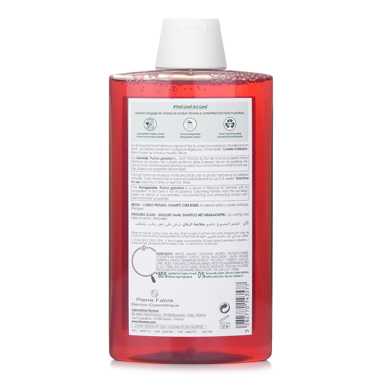 Klorane's pomegranate shampoo in 400ml, designed to enhance radiance in color-treated hair with natural ingredients.