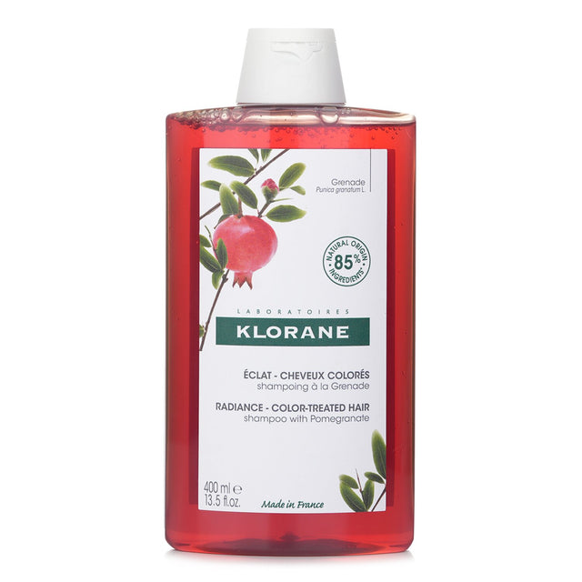 Klorane's pomegranate shampoo for color-treated hair, nourishing and vibrant with 85% natural ingredients, 400ml.