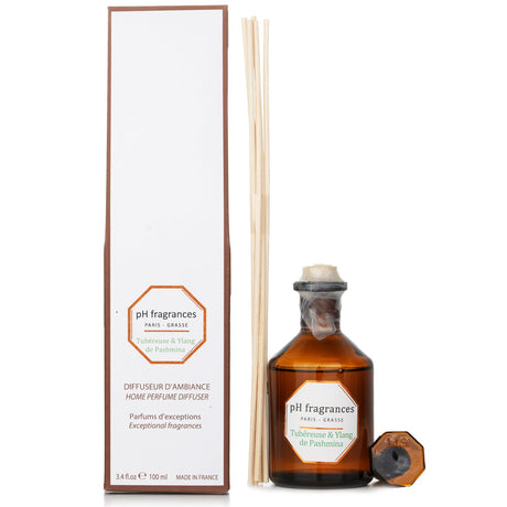 Home perfume diffuser featuring tuberose and ylang-ylang for a tranquil, floral aroma in stylish packaging.